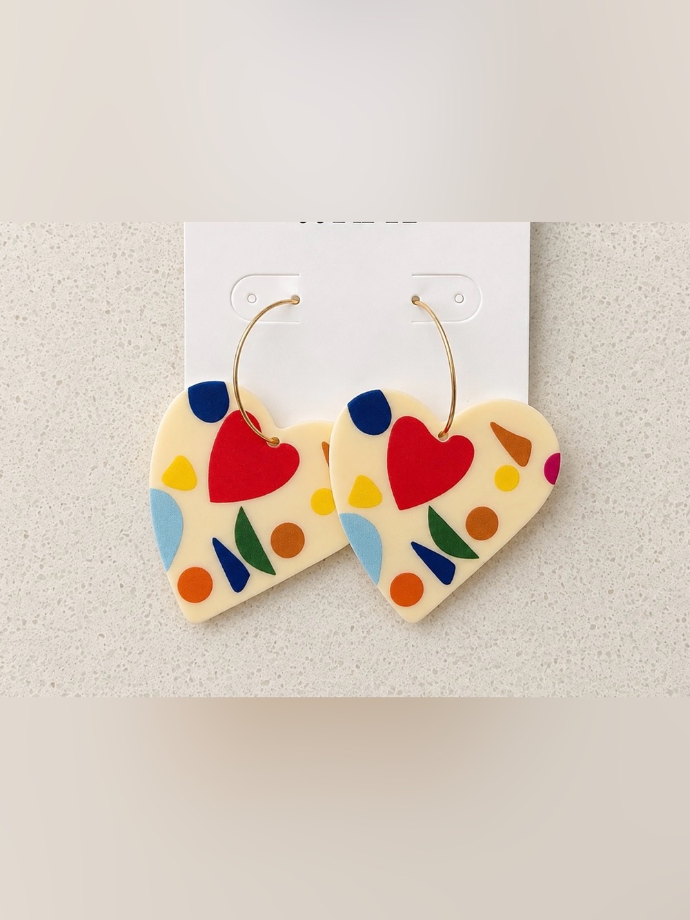 NEW Cream Heart Hoop Earrings with Multicolor Shapes